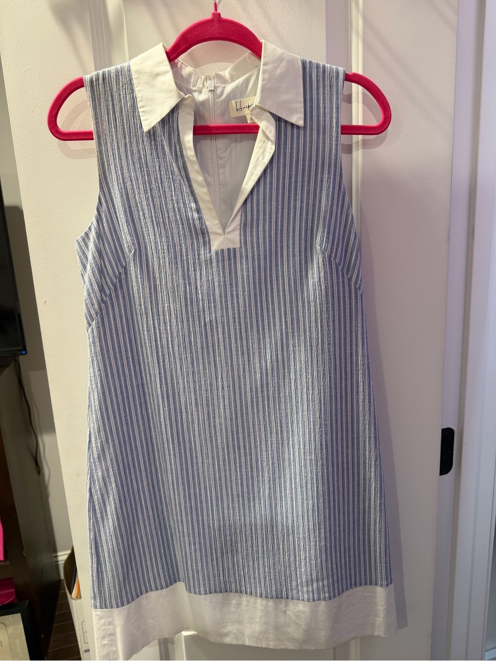 Harlow Blue and White Striped Collared Sleeveless Shift Dress